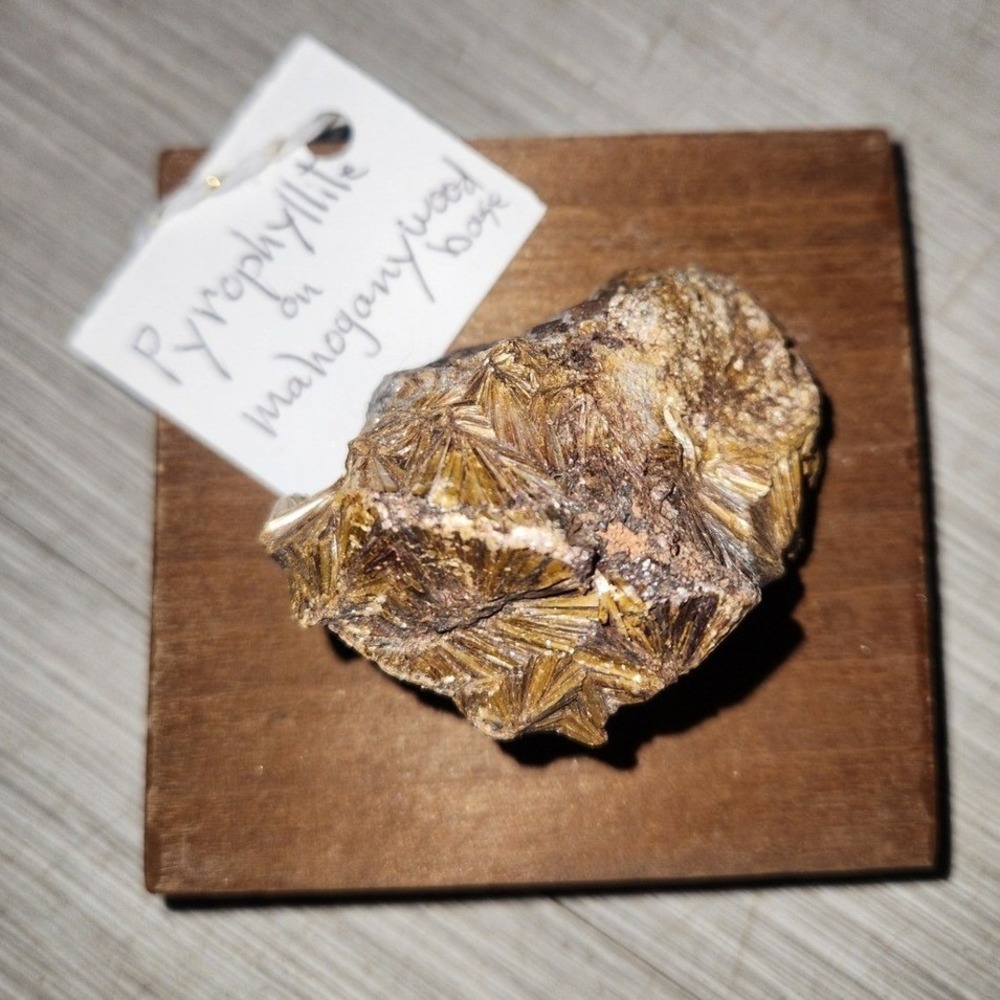 Pyrophyllite Crystal Mineral Specimen on Mahogany Wood Base Golden Bronze Luster